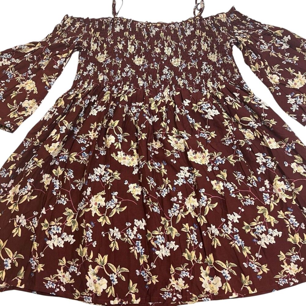 Floral Off Shoulder Smocked Boho Blouse Bell Sleeve L Burgundy Spring Top Chic